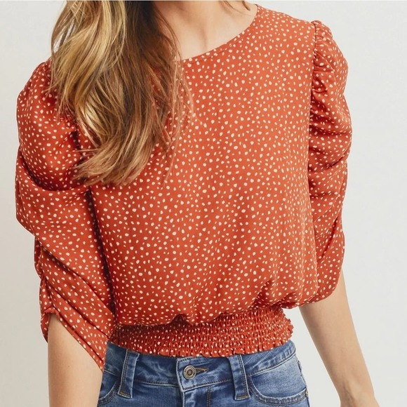 Paper Crane Tops - Paper Crane Smocked Band Top Shirring Puff Sleeves Burnt Orange Dot Print  XS